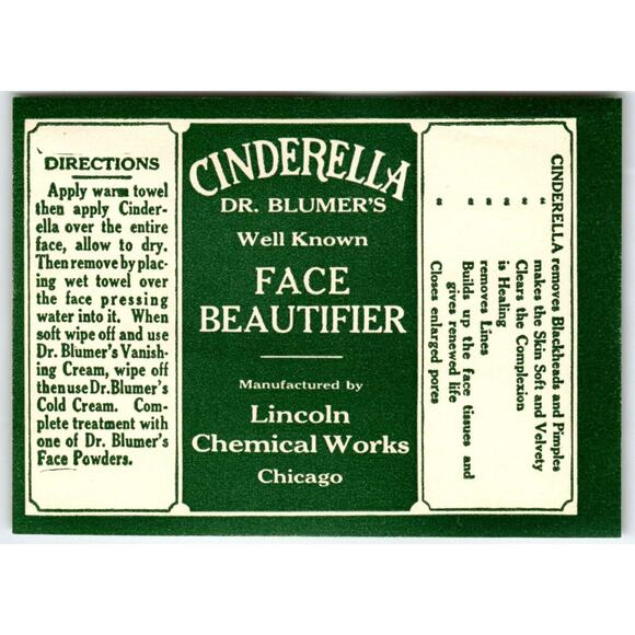 Cinderella Dr Blumer's Face Beautifier Product Label 1940's Original Chicago IL - Picture 1 of 2